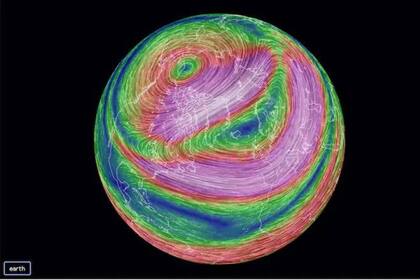 La proyección del modelo que muestra el vórtice polar extendiéndose hacia Estados Unidos, Europa y Asia