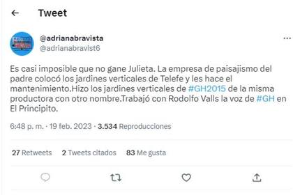 La publicación de Adriana Bravista que habla sobre el vínculo previo entre el papá de Julieta Poggio y el Gran Hermano
