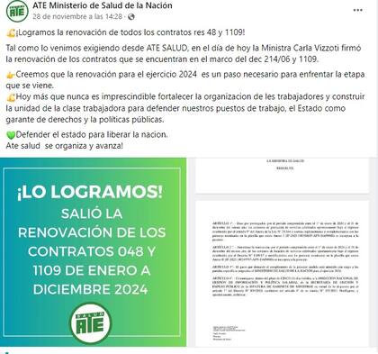 La publicación de ATE Salud luego de la renovación de los contratos