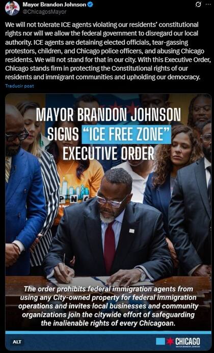 La publicación de Brandon Johnson, alcalde de Chicago, sobre su nueva iniciativa "Zona libre del ICE"