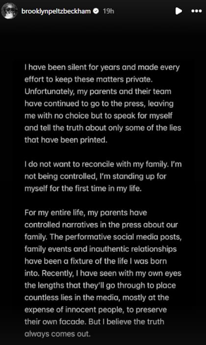 La publicación de Brooklyn Beckham sobre el distanciamiento de sus padres (Instagram: @brooklynpeltzbeckham)