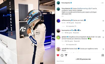 La publicación de Colapinto en Instagram tras su última carrera