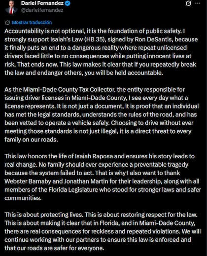 La publicación de Dariel Fernández en X