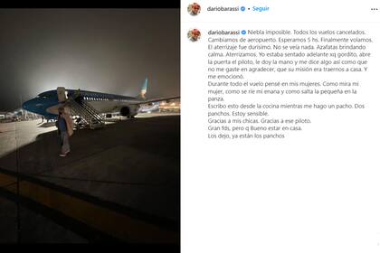 La publicación de Darío Barassi en Instagram, donde recordó el difícil aterrizaje de su vuelo