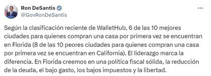La publicación de DeSantis con la comparación entre Florida y California