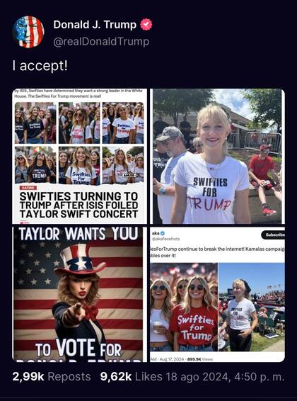 La publicación de Donald Trump con la imagen falsa de Taylor Swift. Tomada de Truth Social.