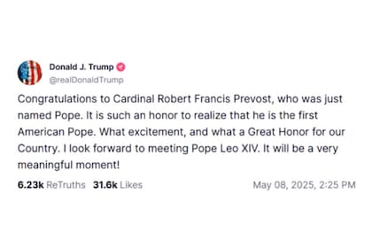 La publicación de Donald Trump en Truth Social tras el nombramiento de León XIV