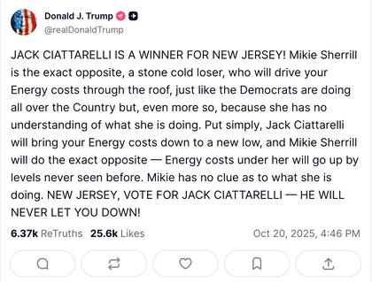 La publicación de Donald Trump para respaldar a Jack Ciattarelli de cara a las elecciones de Nueva Jersey