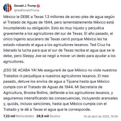 La publicación de Donald Trump respecto de la situación del agua en Texas