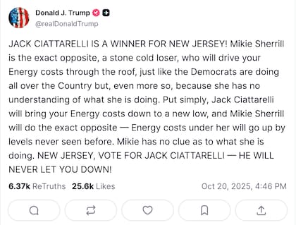 La publicación de Donald Trump sobre las elecciones de Nueva Jersey