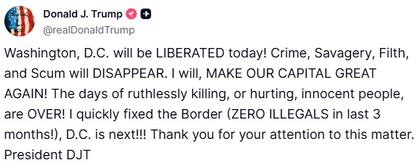 La publicación de Donald Trump sobre las medidas en Washington DC