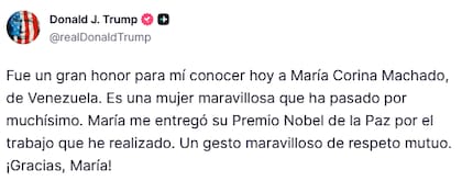 La publicación de Donald Trump tras su encuentro con María Corina Machado (Truth: @realDonaldTrump)