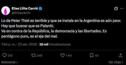 La publicación de Elisa Carrió en X