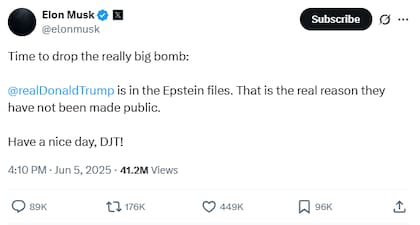 La publicación de Elon Musk donde habla del presunto vínculo de Donald Trump con Jeffrey Epstein