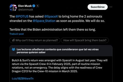 La publicación de Elon Musk en la que da respuesta al pedido de Trump para traer a los astronautas a la Tierra