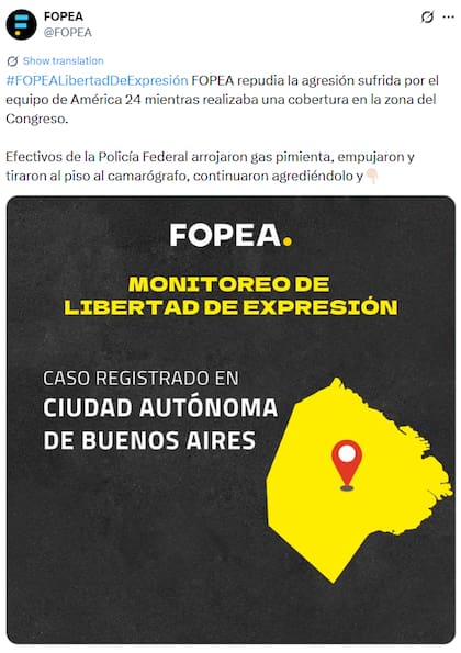 La publicacion de FOPEA tras los incidentes en el Congreso (X: @FOPEA)