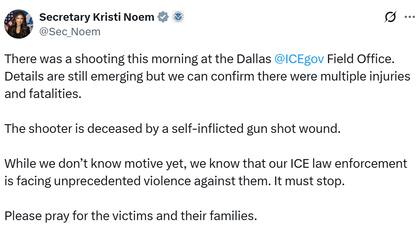 La publicación de Kristi Noem sobre el tiroteo en Dallas (X: @Sec_Noem)