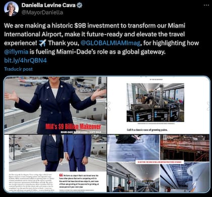 La publicación de la alcaldesa de Miami-Dade, Daniella Levine Cava sobre el plan de inversiones en el MIA