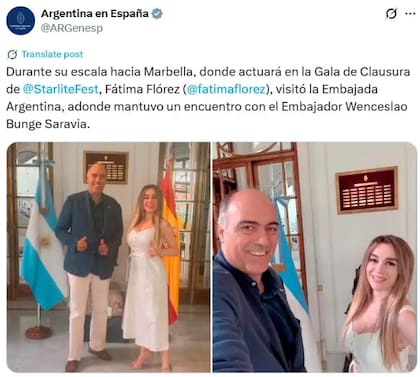 La publicación de la embajada argentina que eliminaron tiempo más tarde (X: @ARGenesp)