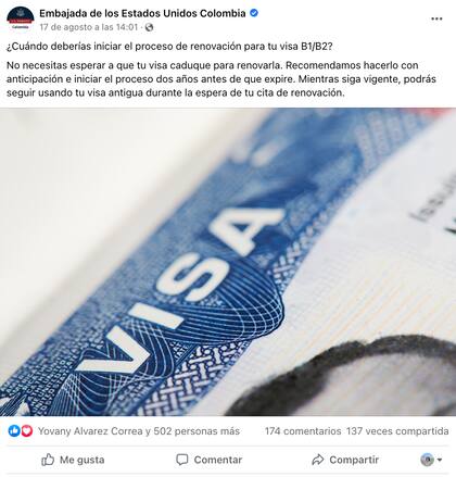 La publicación de la Embajada de Estados Unidos en Colombia