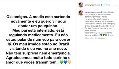 La publicación de la hija de Pelé sobre el estado de salud de su padre