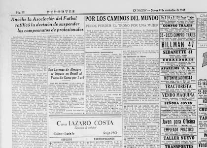 La publicación de LA NACION con el paro que hizo la dirigencia del fútbol en 1948