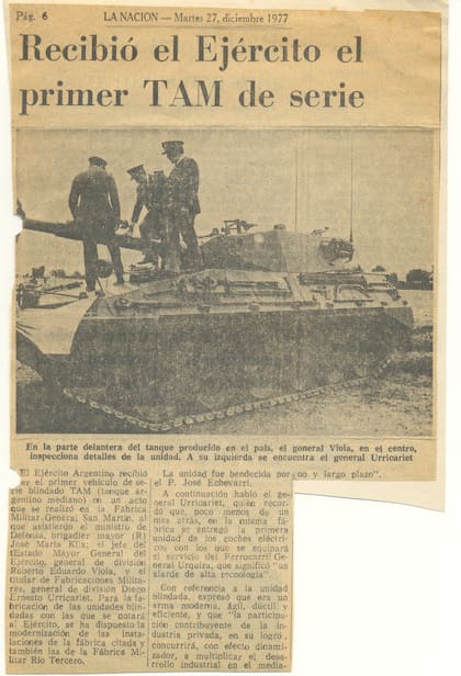 La publicación de LA NACION del martes 27 de diciembre de 1977: "Recibió el Ejército el primer TAM de serie"