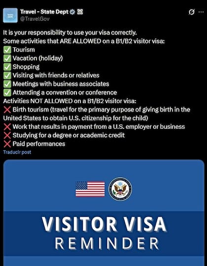 La publicación de la oficina de viajes alertó a los migrantes que buscan una visa de turismo