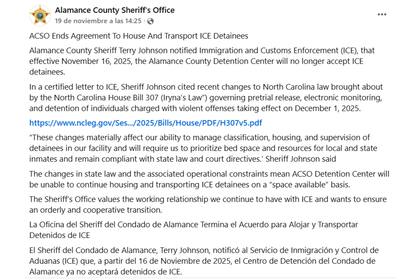 La publicación de la oficina del Sheriff de Alamance sobre el ICE