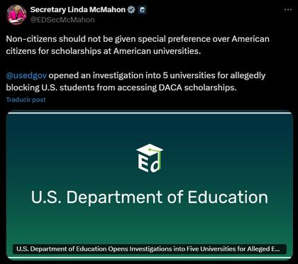 La publicación de la secretaria de Educación de EE.UU.