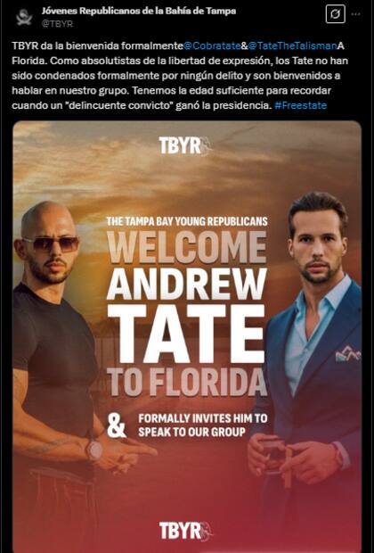 La publicación de los Jóvenes Republicanos de Tampa en apoyo a la visita de los hermanos Tate