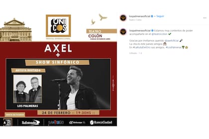 La publicación de Los Palmeras anunciando el show con Axel
