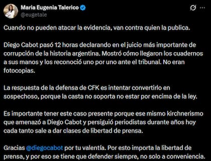La publicación de María Eugenia Talerico en apoyo a Diego Cabot