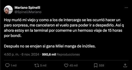 La publicación de Mariano Spinelli, la semana pasada, en la red X