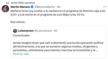 La publicación de Martín Menem que reposteó Javier Milei