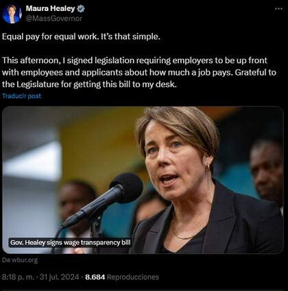 La publicación de Maura Healey en X confirmó la nueva ley en Massachusetts.