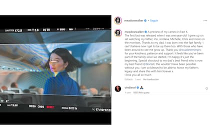 La publicación de Meadow Walker en Instagram sobre su cameo en Rápidos y Furiosos X