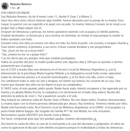 La publicación de Natasha Romero en Facebook