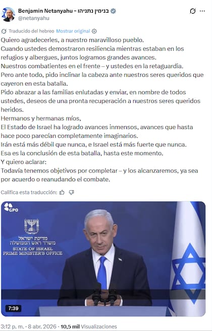 La publicación de Netanyahu tras su declaración televisiva