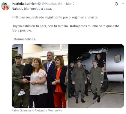 La publicación de Patricia Bullrich sobre la llegada de Nahuel Gallo (X: @PatoBullrich)