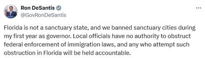 La publicación de Ron DeSantis con la advertencia a los alcaldes