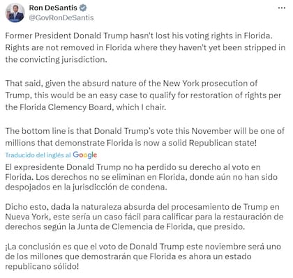 La publicación de Ron DeSantis sobre el derecho a voto de Trump en Florida