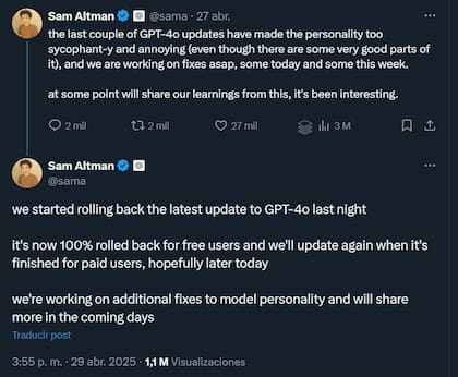 La publicación de Sam Altman, donde el CEO de OpenAI dice que anularon una actualización de GPT-4o porque era demasiado aduladora