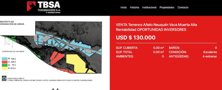 La publicación de Tbsa, Toro Brokers SA, de terrenos en Vaca Muerta