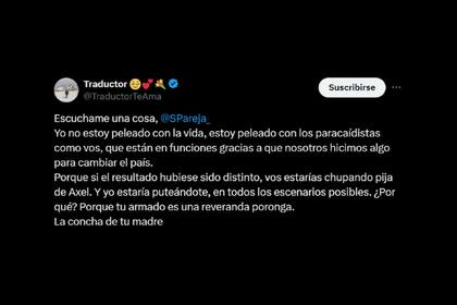 La publicación de TraductorTeAma contra Sebastián Pareja