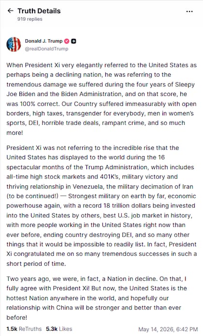 La publicación de Trump en Truth Social desde China