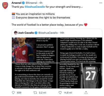 La publicación del Arsenal referida al conmovedor anuncio del futbolista australiano Joshua Cavallo