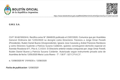 La publicación del Boletín Oficial con la designación de Randazzo como director de GMS SA