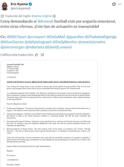 La publicación del hincha del Arsenal que causó revuelo