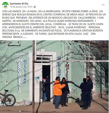 La publicación del medio local sobre el robo en Media Agua (Foto: Facebook Sarmiento Al Día)